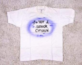 90s Airbrushed Graphic T Shirt Senior Citizen Novelty Tee, Vintage Hand Painted White Shirt, Funny T-shirt Old People