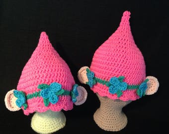 Poppy Pink Troll Hat; Pink Poppy Flower Troll Hat; Gnome Troll Hat; Crochet Troll Hat; Baby, Toddler, Child and Teen/Adult Size