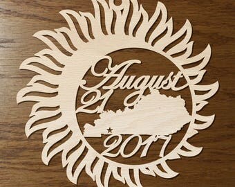 Kentucky Solar Eclipse ornament wood cut decoration. Laser cut Total Solar Eclipse ornament Path of Totality through Kentucky