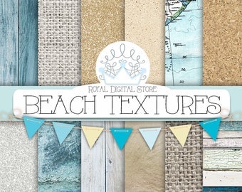 Beach Digital Paper: " BEACH TEXTURES" with wood texture, marble texture, burlap, linen, gold background, sea textures for scrapbooking
