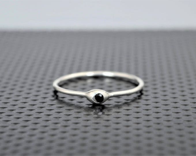 Dainty Silver Black Spinel Mothers Ring, Black Spinel, Tiny Spinel Ring, Dew Drop Ring, Sterling Silver, Stacking Ring, Birthday Gift