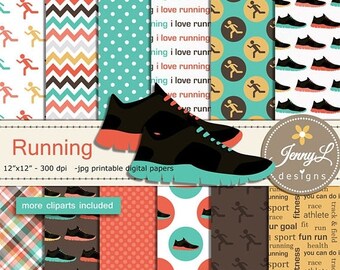 50% OFF Running Digital Papers and Clipart SET, Sports, Exercise Fitness, Workout, Running Shoes, Track and Field, Jogging for Digital Scrap