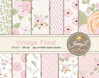 50% OFF Floral digital paper, Vintage Flowers , Antique for Digital scrapbooking, invitations, birthday, wedding, Planners