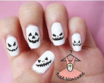 30 Pumpkin Face Halloween Nail Decals (Waterslide Nail Decal)