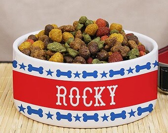 Personalized Ceramic Dog Bowl, Dog Bowl With Name, Bones & Stars Dog Bowl With Name, Red, White And Blue Dog Bowl