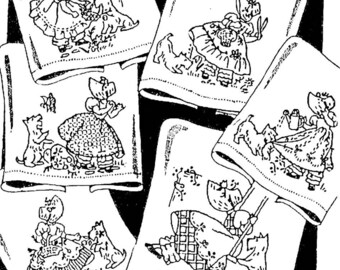 PDF Gay Little Ladies Sunbonnets and Scotties Doing Their Chores Vintage Transfer Pattern