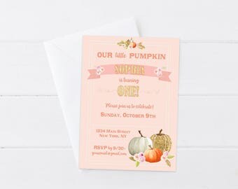 Little Pumpkin Birthday Invitation - Pumpkin Floral Invitation Girl - Fall Birthday - Pumpkin Invitation First Birthday - Digital Printable