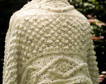 Ivory Knit Shawl with Pockets - Oatmeal Fisherman Wool Scarf - Cream Women's Shawl with Long Fringe - Anse La Ray Scarf - Off White Gift