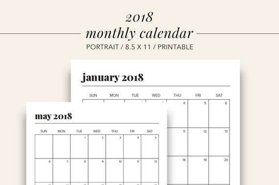 2018 monthly portrait calendar printable planner calendar
