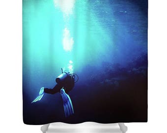 Blue shower curtain, scuba shower curtain, diving shower curtain, scuba decor, scuba diving, navy shower curtain, scuba bath mat, unique