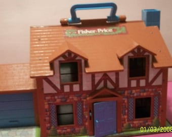Fisher Price Little People Tudor Brown Fold Out Large Doll House Garage Door Opens, Door Bell Works