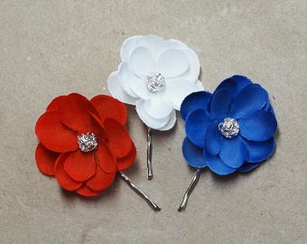 patriotic hair pins, red white and blue hair accessories, july 4th apparel, american flag clothing, july 4th hair pins, red hair flower