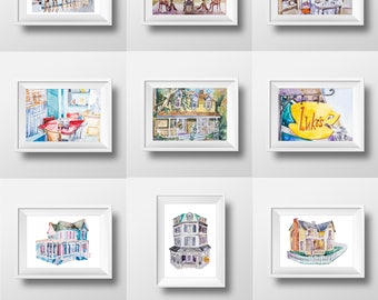Wall Art Gilmore Girls Watercolor Prints Set,Sale,Sitcom,Gilmore girls,Lorelai and Rory,Tv Show Poster,Luke's Diner,Gilmores,Watercolor Cafe