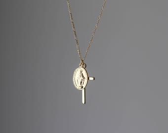 Virgin Mary Necklace - Gold Cross Necklace - Miraculous Medal Pendant Necklace - Religious Jewelry - Layering Necklace - Gift for Her