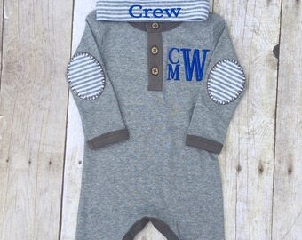 Organic baby boy clothes, monogrammed sleeper, striped henley baby coverall, bring home outfit boy, personalized baby boy gift, baby shower