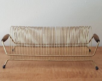 Vintage Brass Record Rack with Wood Handles~Retro File Organizer~Office organizer