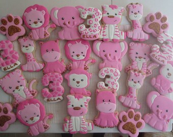 Safari animals Cookie Platter - elephant, lion, giraffe, zebra, tiger, monkey, hippo, paw