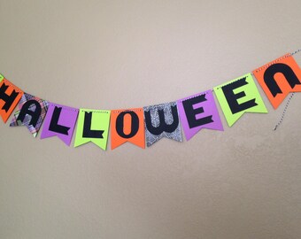 Happy Halloween Banner: garland, bunting (orange, black, green, purple)