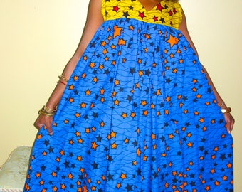 Ankara Dress, African Clothing, Dresses for Women, Summer Dresses, Midi Dress, Blue Dress, Yellow Dress,