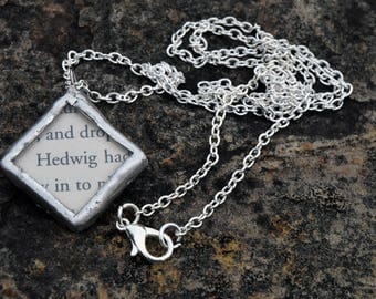 Harry Potter Upcycled Book Pages Solder and Glass Necklace - Hedwig/Gryffindor