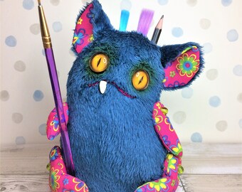 Desk Monster Paperweight, Pencil holder, Pin Cushion, Cute Fabric Monster, Fantasy Creature, OOAK, Art Doll