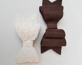 Set of 2 Hair Bows Brown Suede & Cream Lace