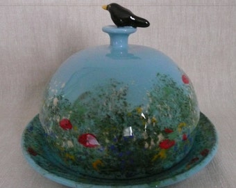 Butter dish. Butter dome. Handmade butter dome. Cheese dome. Cheese bell. Bird watchers gift. Blackbird pot