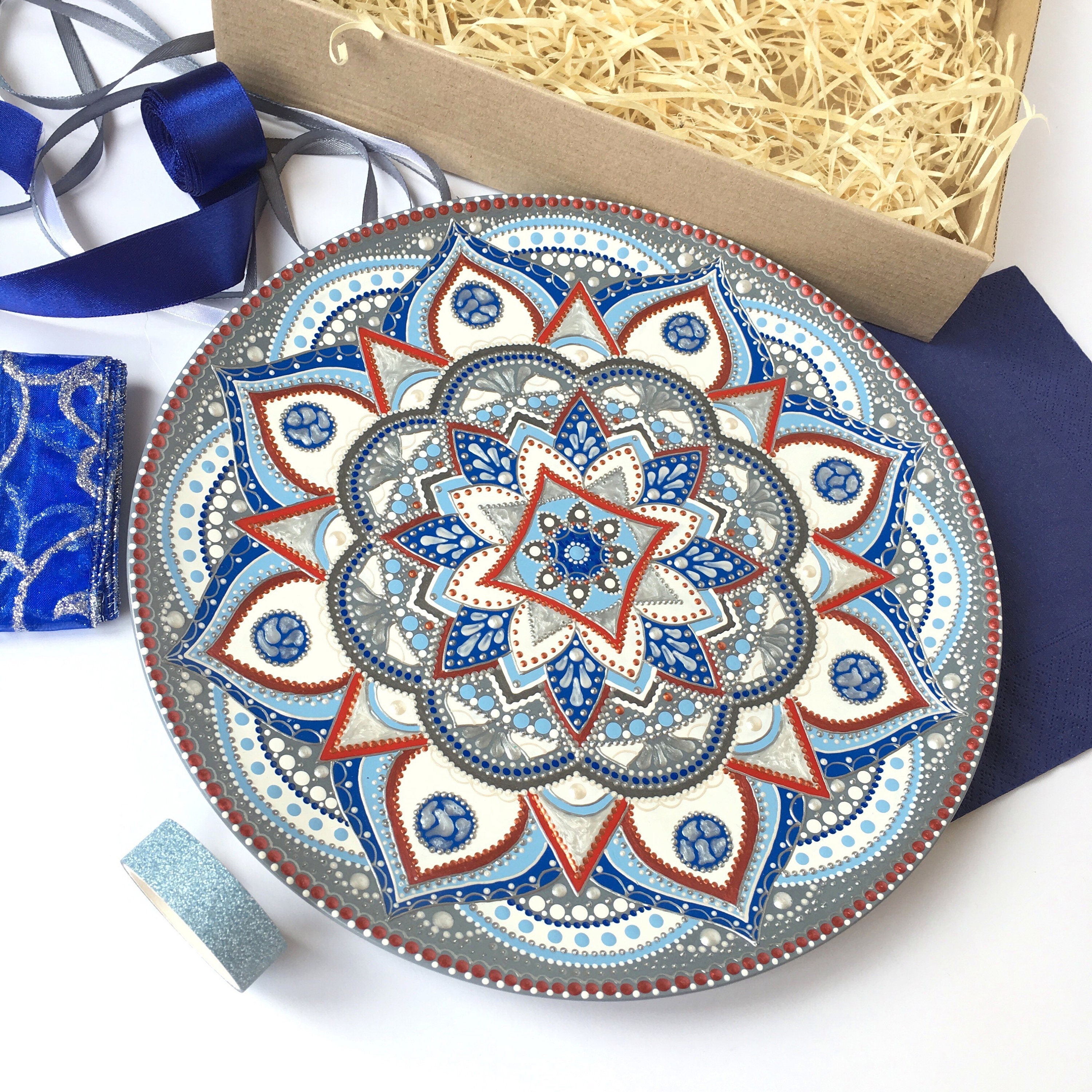 Decorative plate for hanging Mandala painting Dot art Hand