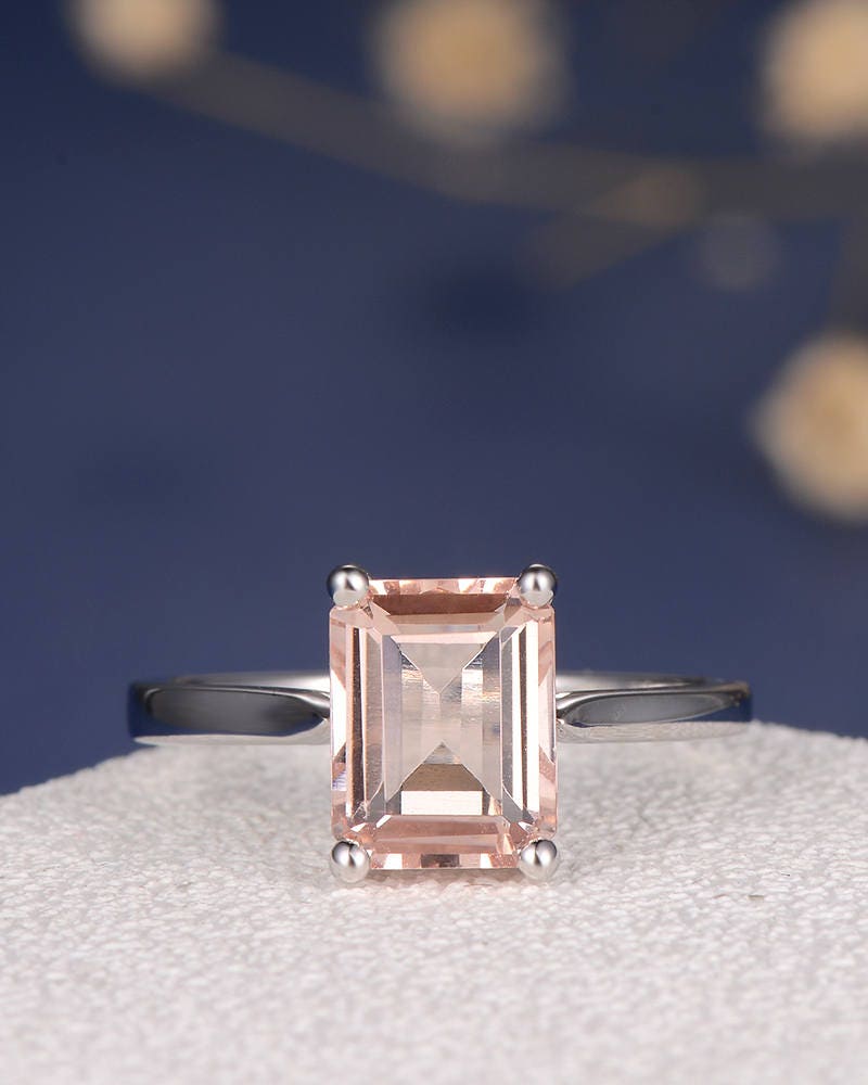 Morganite Ring Emerald Cut Engagement Ring White Gold Pink