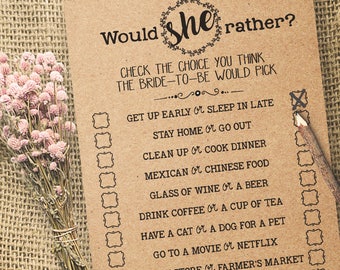 Would She Rather Game Bridal Shower game printable Wedding shower game Bachelorette party rustic games Instant download WG113