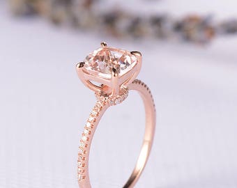 Rose Gold Engagement Ring Morganite Ring Wedding Bridal Solitaire Eternity Ring Cushion Cut Anniversary Gift Promise Birthday Women Ring