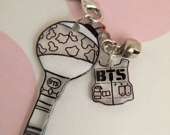 BTS Mini Light Stick and Logo Keychain Set / Kpop Phone Strap, Miniature, ARMY Fan Merch, Accessory, Black, White and Clear