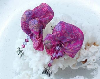 Earrings "the butterflies at the Taj Mahal" recycled silk sari, charms "Butterfly" and finishes, Swarovski Crystal bicones