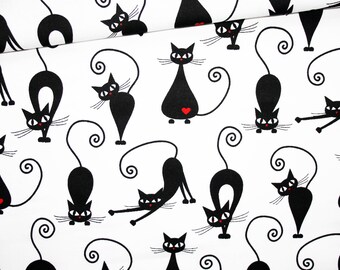 Black Cat, 100% cotton fabric printed 50 x 160 cm, black cats with a red heart on a white background