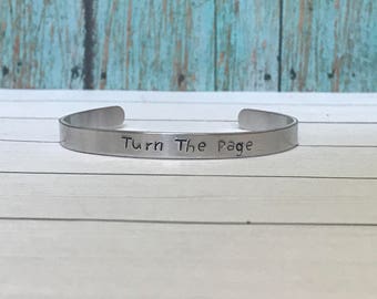 Turn the Page, Hand Stamped Gift, Custom Bracelet, Motivational Bracelet, Personalized Gift, Book Lover Gift