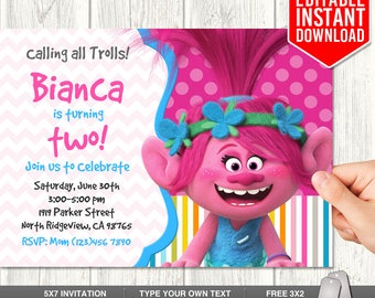 Poppy Trolls Invitation Instant Download, Poppy Invitation Download, Poppy Trolls Invites, Poppy Birthday Party, Poppy Thank You Tags, PDF