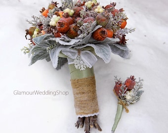 Winter Wedding Bouquet Berries Wedding Bouquet Alternative Bridal Bouquet with Boutonniere Brooch Bouquet
