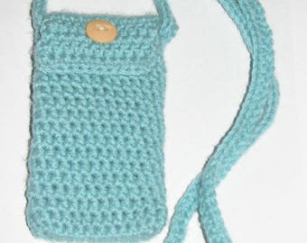 Handmade Blue Crochet Small Shoulder Bag with Long Straps and Pocket