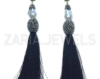 Druzy swarovski crystal fringe earrings black silver boho chic