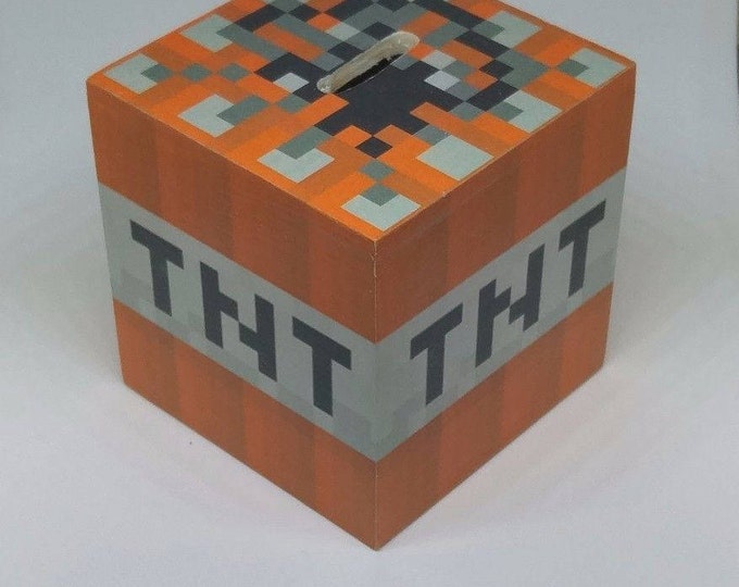 wooden Minecraft inspired tnt moneybox piggy bank
