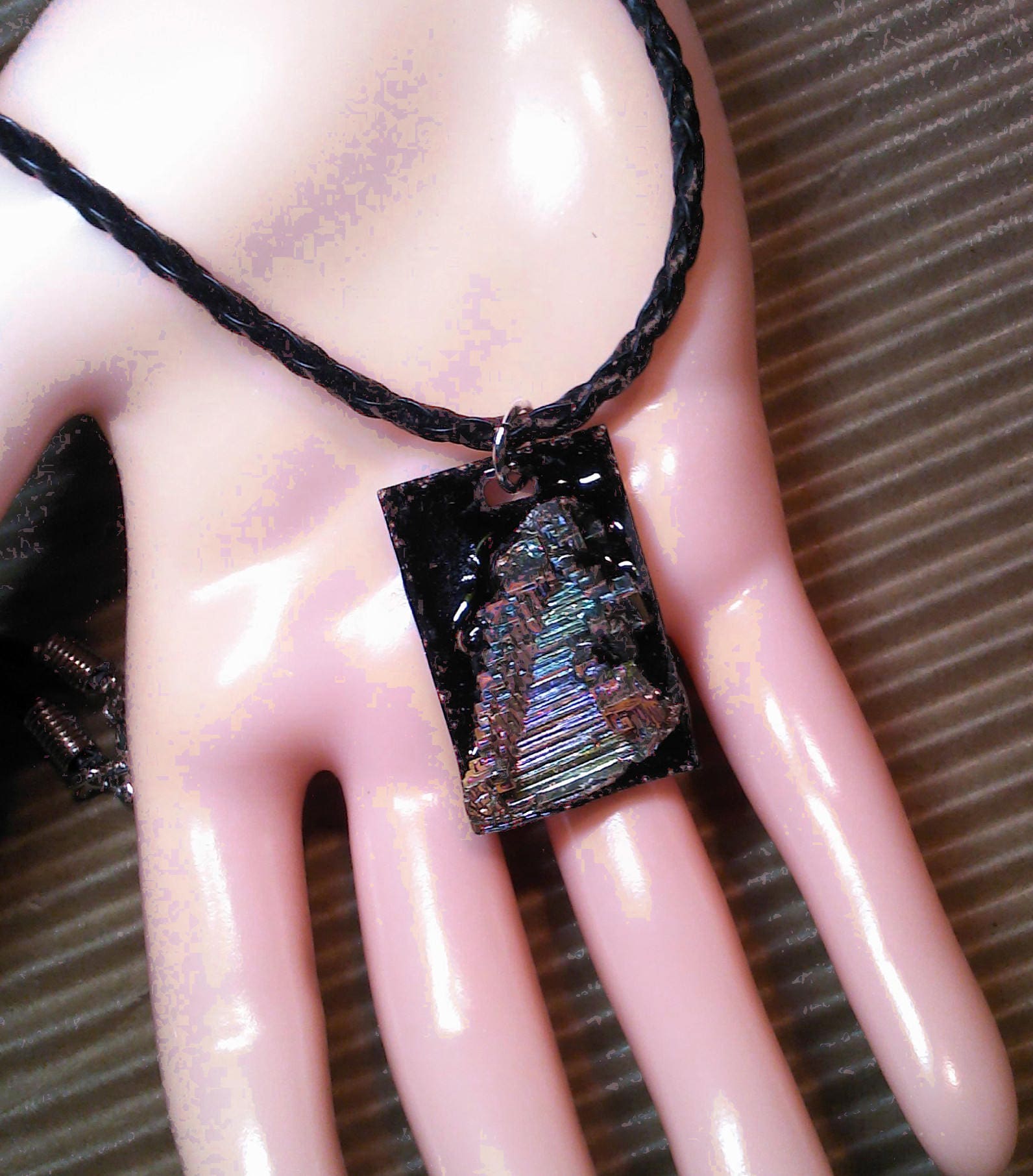 Atlantas Pendant series - STAIRWAY- Genuine Metallic Bismuth Sculptured Crystal on black acrillic Necklace Ln797, Men, Woman, Teens, by Lynn steampunk buy now online