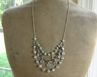 Multi strand Boho Gemstone Necklace-Tiered Necklace-"Storm Cloud"