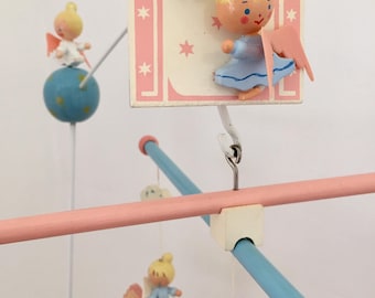 Vintage Irmi Nursery Originals musical angel mobile, 1960s midcentury wooden musical mobile, lullaby music box mobile