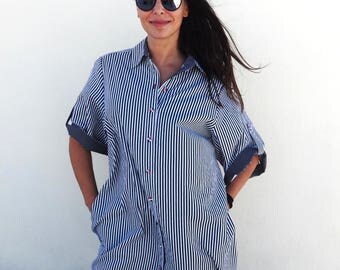 SHIRT DRESS Black And White Button Front Stripes and Dots Chemisier Midi 100% Pure Cotton Point Collar Short Roll up Sleeves Casual Dress