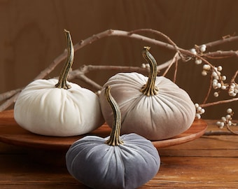 Scented Velvet Pumpkins, SET of 3: Gray, Ivory, Taupe