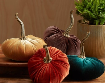 Scented Velvet Pumpkins, SET of 4: rust, mustard, dark green, rich brown