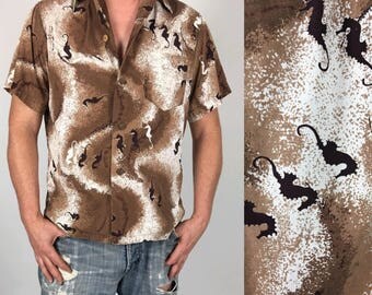 Vintage 50s ALFRED SHAHEEN Hawaiian Shirt brown seahorse print tiki aloha 1950s rockabilly rare M honolulu