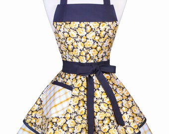 Womens Ruffled Retro Apron - Yellow and Gray Rose Floral Womans Vintage Style Flirty Pinup Kitchen Apron to Personalize or Monogram (DP)