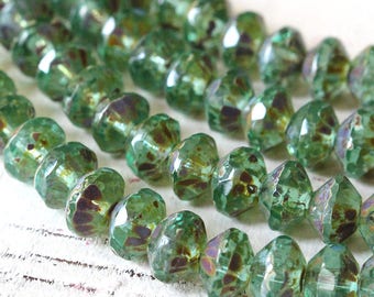 6x9m Czech Glass Saucer Bead - Czech Glass Beads - Jewelry Making - Firepolished Rondelle Rivoli - Green Aqua Picasso - 10 or 20 beads