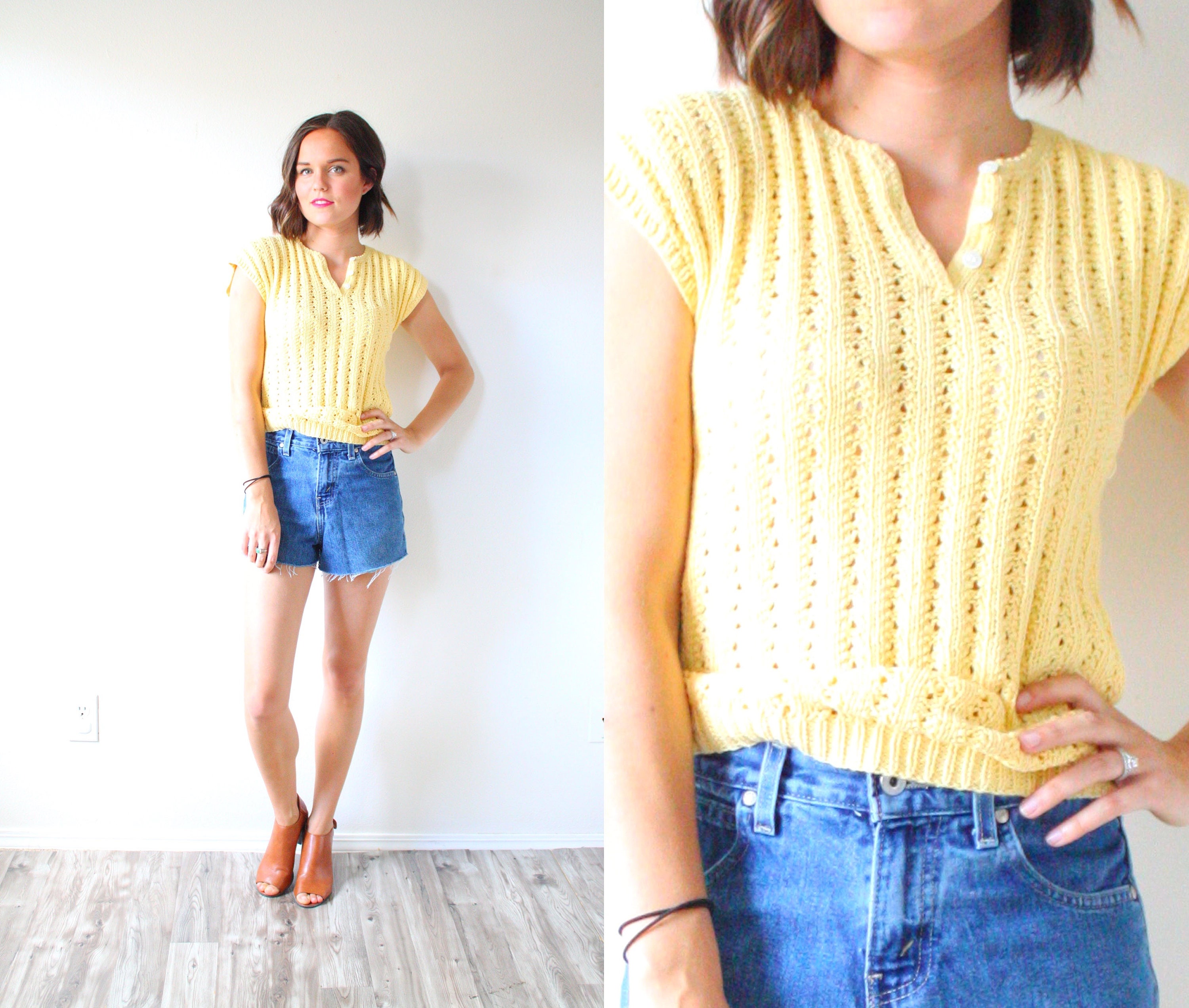Vintage yellow short sleeve sweater top // boho knit sweater